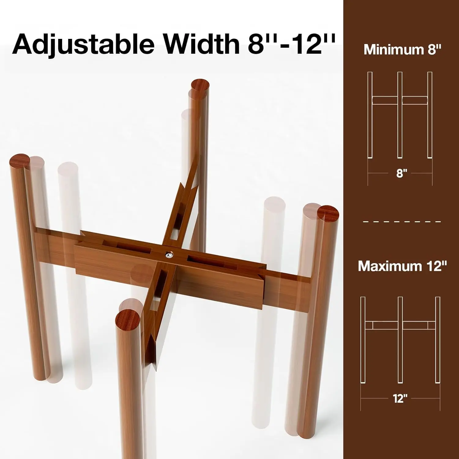Bamboo Plant Stand for Indoor Plants, Adjustable Width Fits 8-12 Inch Pots, Mid Century Modern Single Tier Floor Holder, Dark view 2