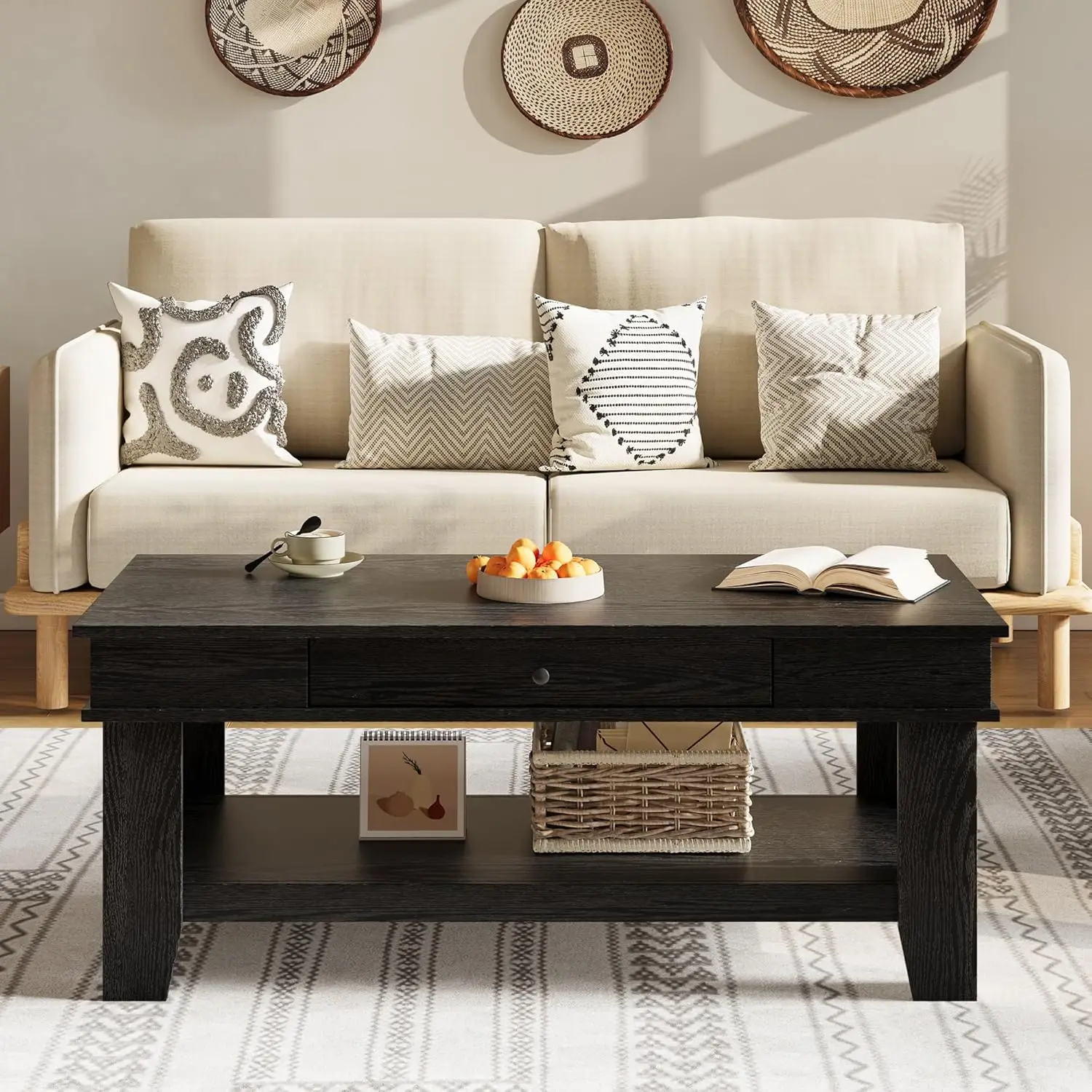 

Rectangular Coffee Table Drawer Shelf Living Room Rustic Stable Legs Storage Black, Customized