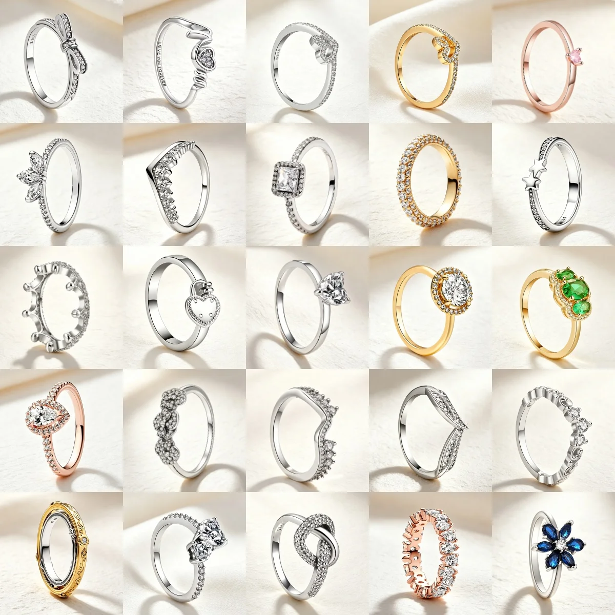 925 Silver Stackable Rings for Women Bow Star Leaf Square Crown Heart Floral CZ Inlaid Multi-tone Finger Band Jewelry Gifts