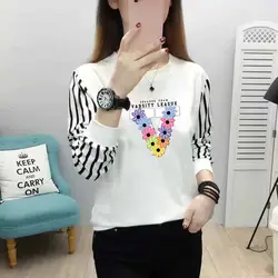 Letter Striped Flower Printing Lantern Long Sleeve Pullover Round Neck Women's Clothing Loose Casual Spring Autumn Korean Tops