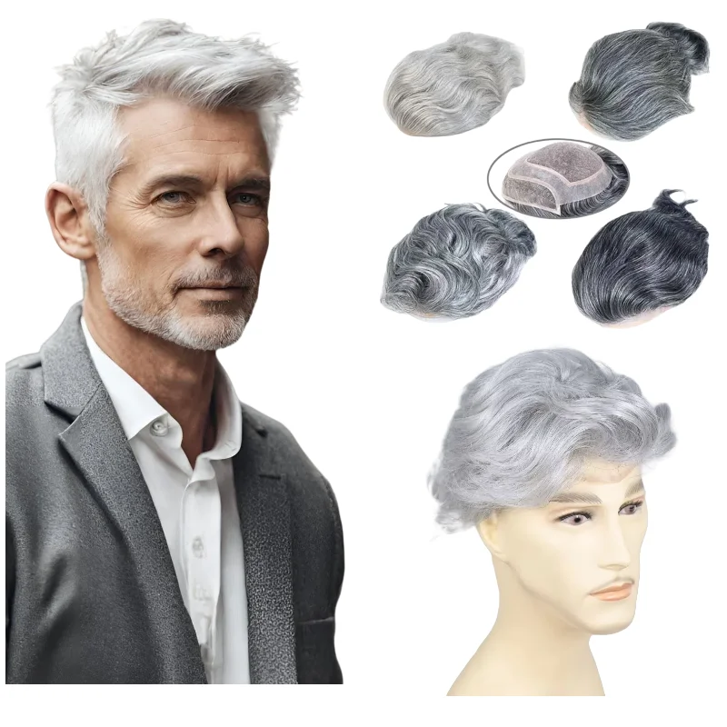 

Мужской парик для замены волос 8x10 дюймов, монобазовое кружево из натуральных волос с полиуретановой основой и серыми вариантами 1B 1B40 1B80 для тонких волос