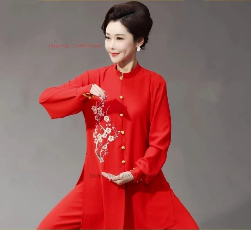 2024 traditional chinese tai chi kung fu uniform national flower embroidery cotton linen wushu martial arts kung fu exercise set