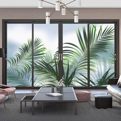 Window Privacy Frosted Film Green Plant Pattern Glass Door Decorative Film Anti UV Glue-free Static Cling Glass Window Sticker