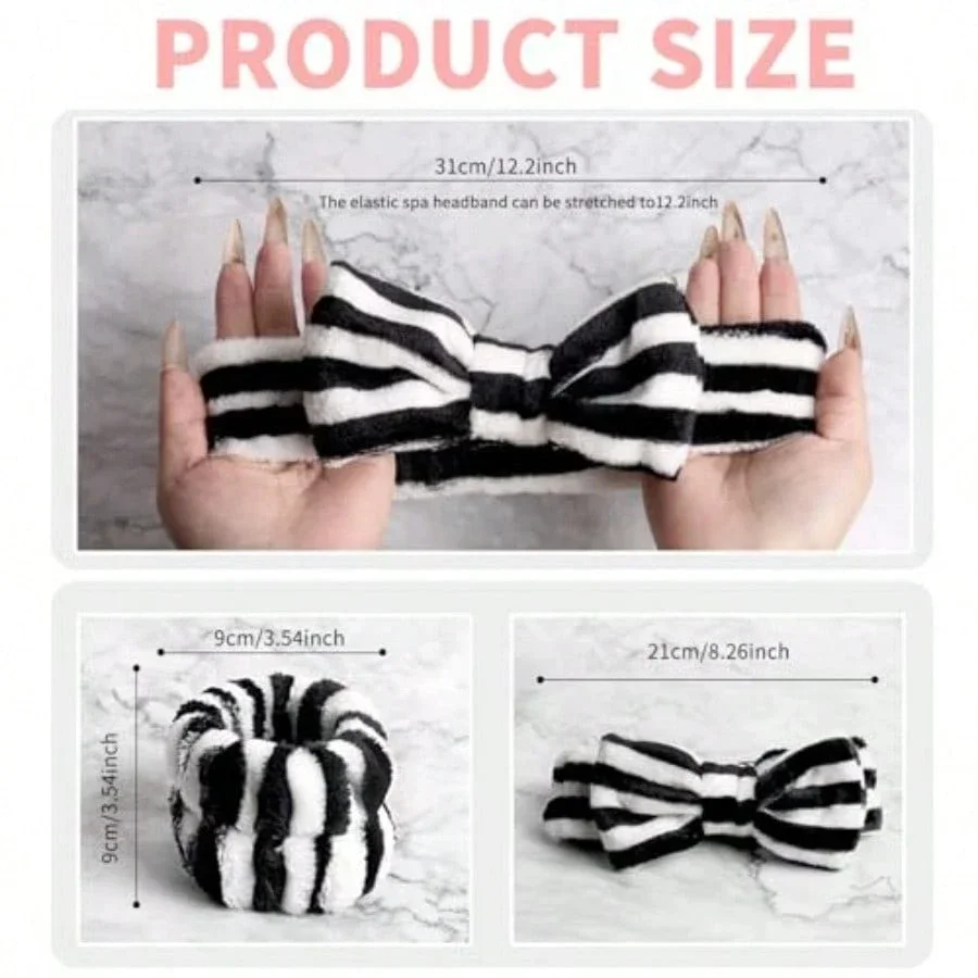 

Spa Headband And Wristband Set For Washing Face Black White Striped Bow Hair Band For Women