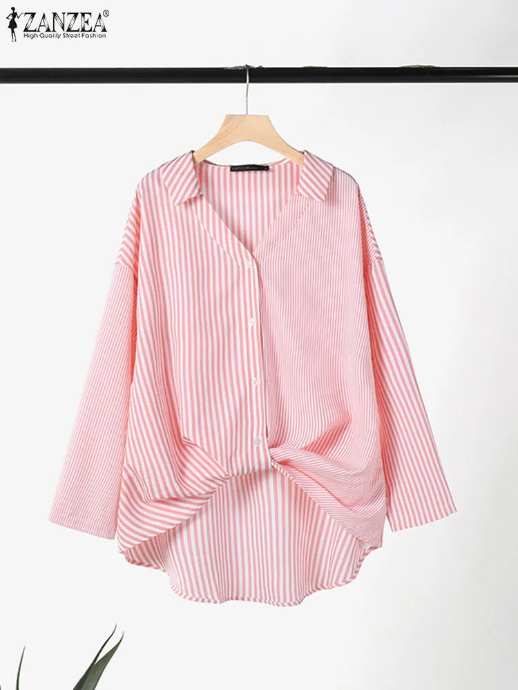 ZANZEA-camisa listrada de manga comprida feminina, blusa elegante com gola V, bainha assimétrica, tops casuais de trabalho, moda verão