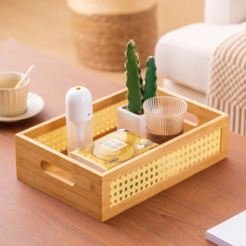 

HeMu Bamboo Grid Side Storage Box Bedroom Cosmetics Sorting Box Living Room Desktop Miscellaneous Rectangular Tray Acrylic