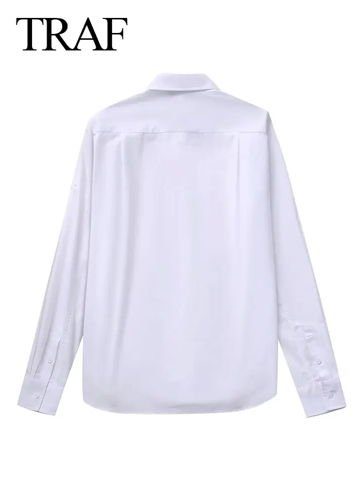 TRAF 2023 Autumn Women Fashion Elegant White Blouses Lapel Hollow Out Slim Shirt Woman Casual Streetwear Mujer Blusa Office Lady