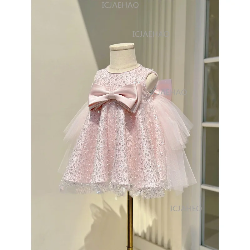 Children Girls Formal Birthday Princess Dress Kids Pink New Sequin Bow Pageant Gown Costume Tutu Short Skirt Vestido Fashion