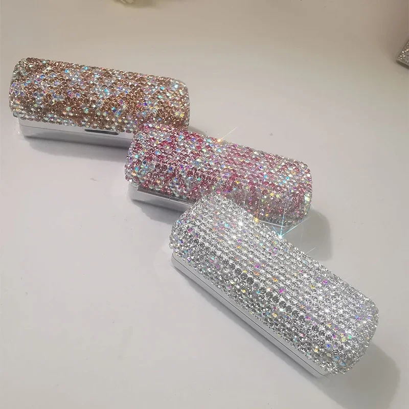 Luxury Rhinestone Lipstick Case With Mirror Lipstick Box Portable Travel Metal Jewelry Box Mini Lipstick Storage Box Girl Gift