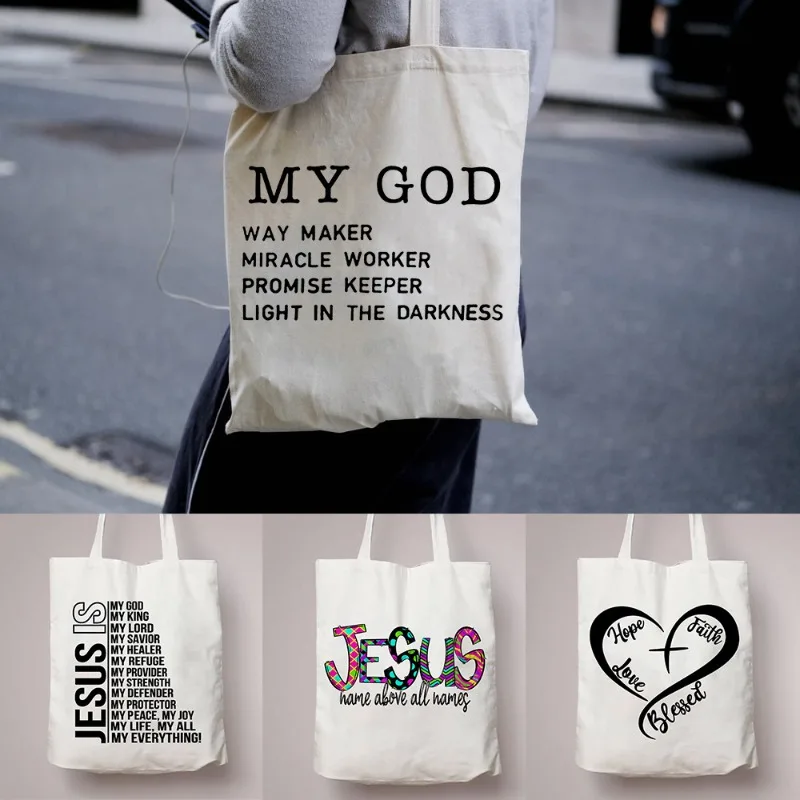 Fashion My God Jesus Is King Ladies Handbag Canvas Shoulder Bag Eco Large Capacity Portable Travel Shopping Bag Schoolbag