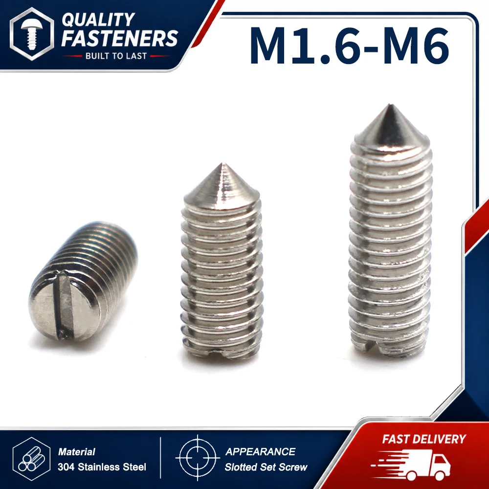 10pcs M1.6 M2 M2.5 M3 M4 M5 M6 DIN553 A2-70 304 Stainless Steel Slotted Tip Set Screw Machine Thread Cone Point Grub Screws