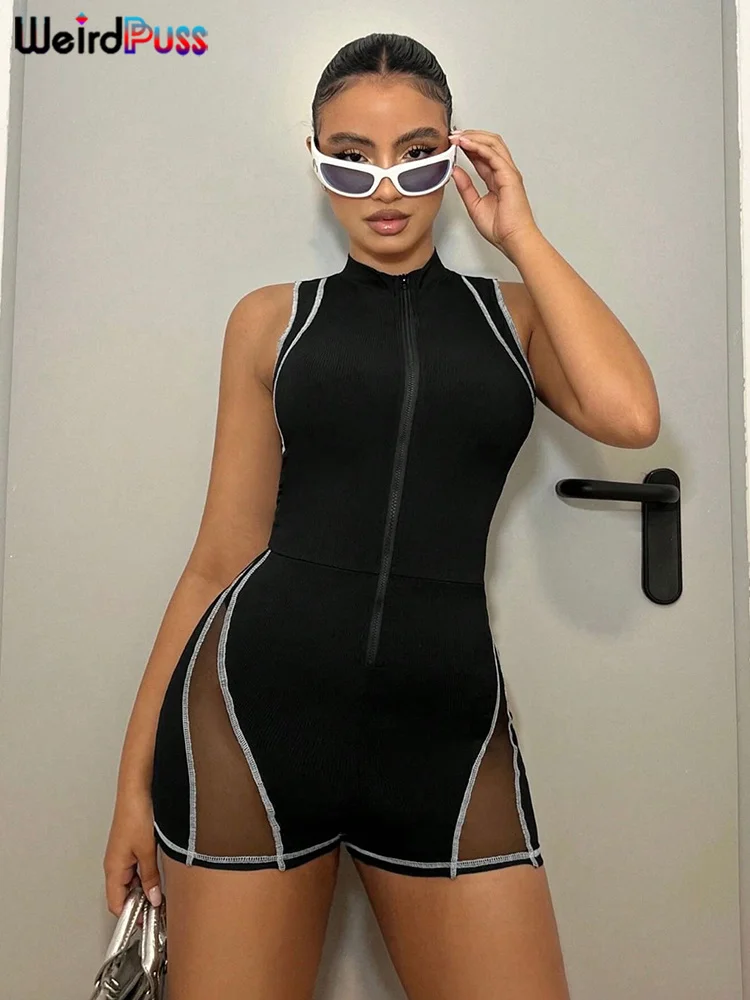 Weird Puss Zip Fitness Romper Women Sleeveless Mesh Patchwork Skinny Stretch Sporty Activity Playsuit Skinny Elastic Streetwear