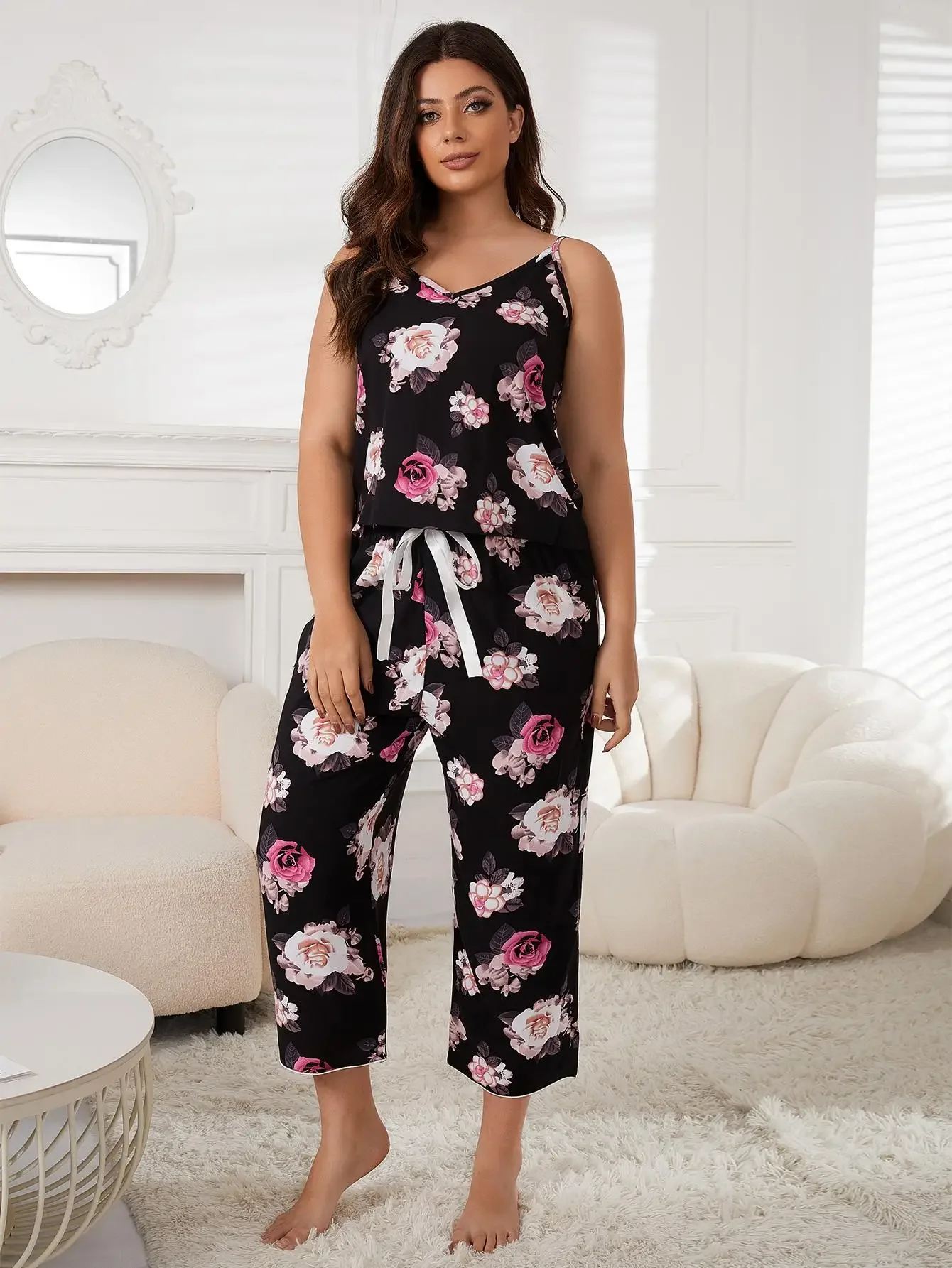 Plus Size V Neck Women Pajama Set Sleeveless Floral Top&Elastic Waist Drawstring Capri Pants Female 2 Piece Sleepwear Nightwear