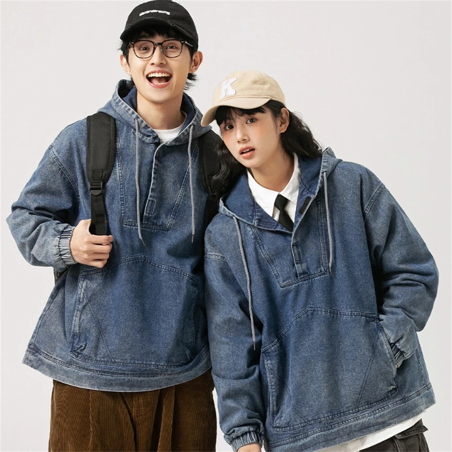 Vintage Denim Jacket Men and Women Harajuku Half Zip Casual Hoodies Oversized Japan Streetwear Washed Blue Hooded Jeans Jackets