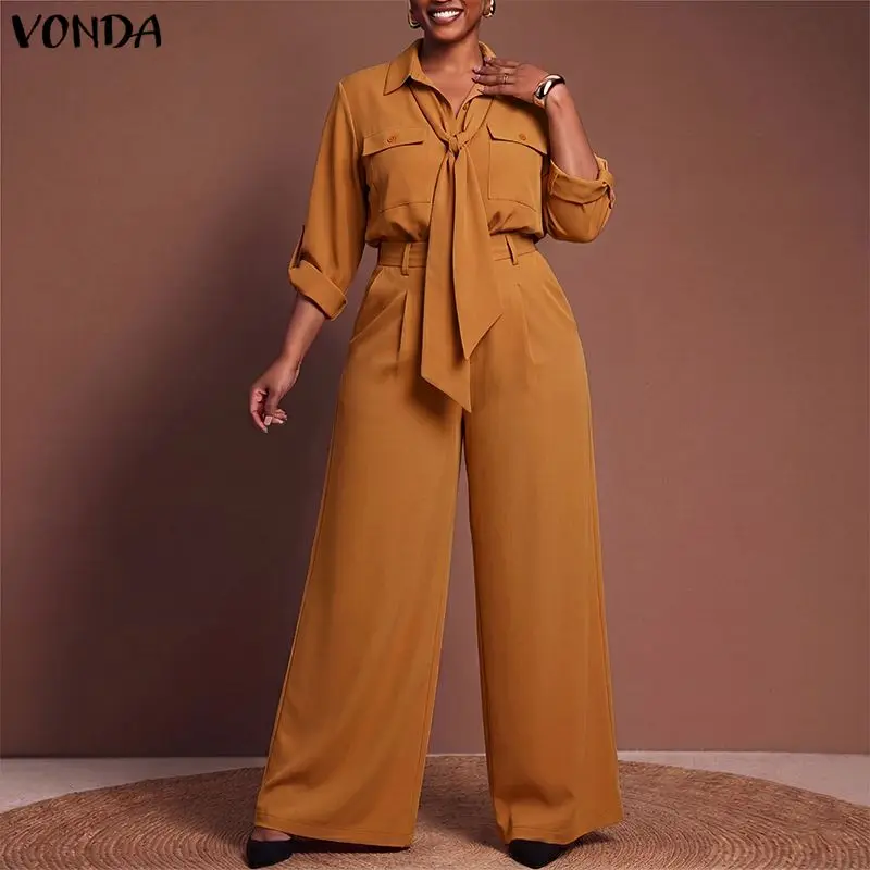 VONDA Plus Size Outfits Two-piece Women Long Sleeve Lapel Neck Tops High Waisted Pants Sets Casual Loose Solid Color Suits
