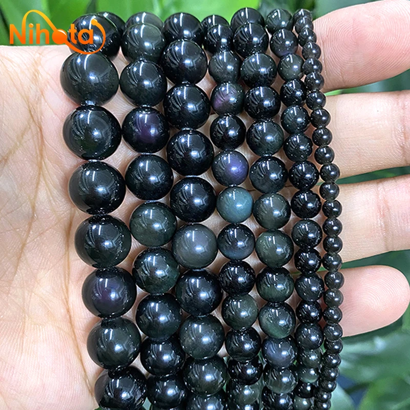 Natural Black Obsidian Smooth Round Beads DIY Earrings Rings for Bracelet Necklace Jewelry Making 15