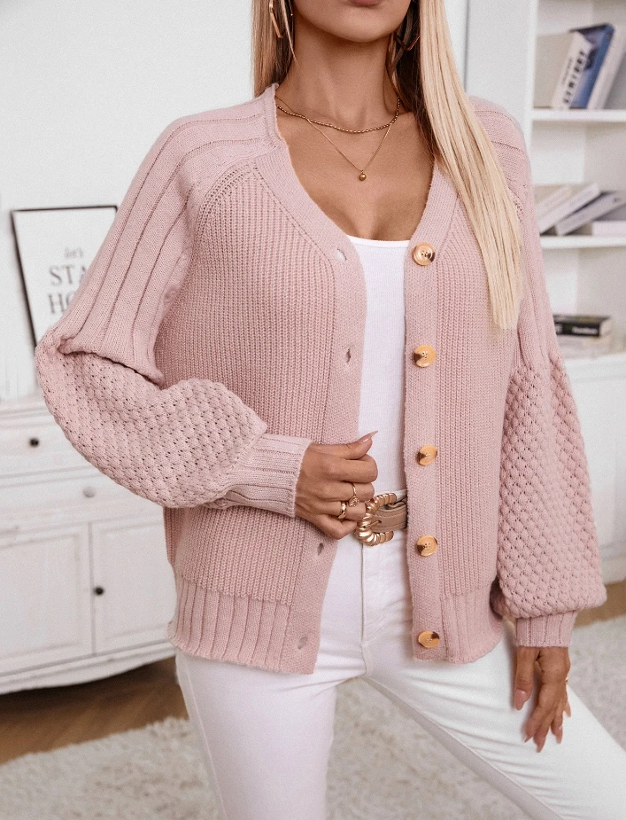 

Autumn Hot Selling Fashion Lantern Sleeves Monochrome V-Neck Long Sleeves Casual Loose New Knitted Sweater Cardigan for Women