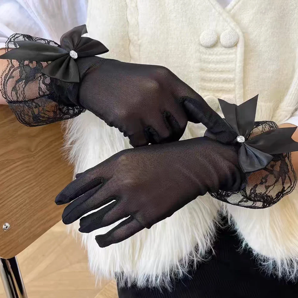 Women Bride Wedding Gloves Black White Summer Uv-Proof Driving Mesh Gloves Lace Mittens Full Finger Girls Bow Lace Floral Gloves