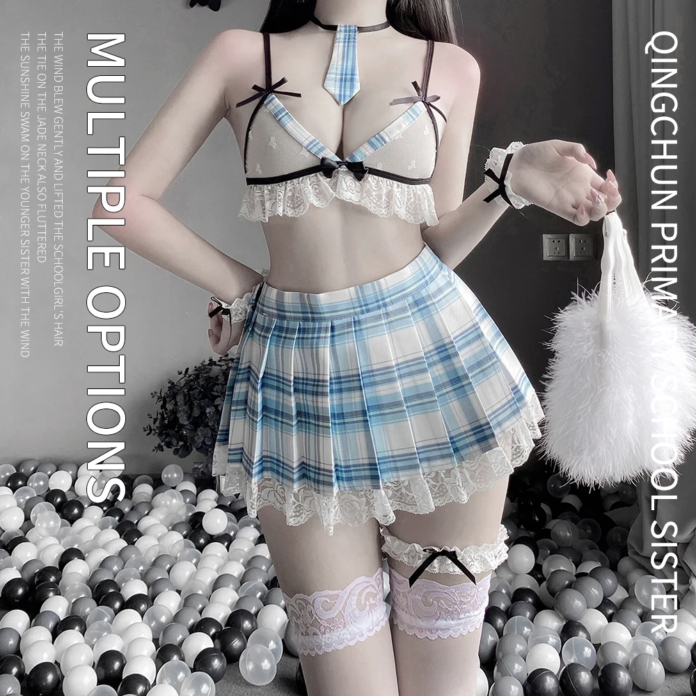 Seragam pelajar Jepang JK Kawaii tembus pandang gadis sekolah Cosplay Lingerie seksi Sailor rok kotak-kotak Roleplay pakaian dalam wanita