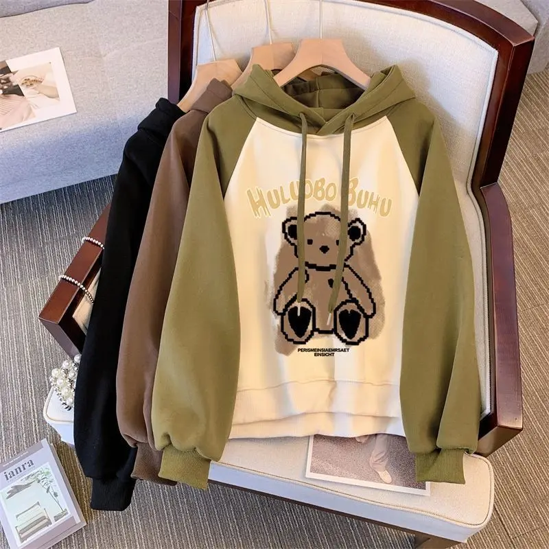 

2024 winter spring Girls clothes long t-shirt Dresses Baby bear patchwork hooded tops teens Kids velvet sweatshirts 5 9 12 year