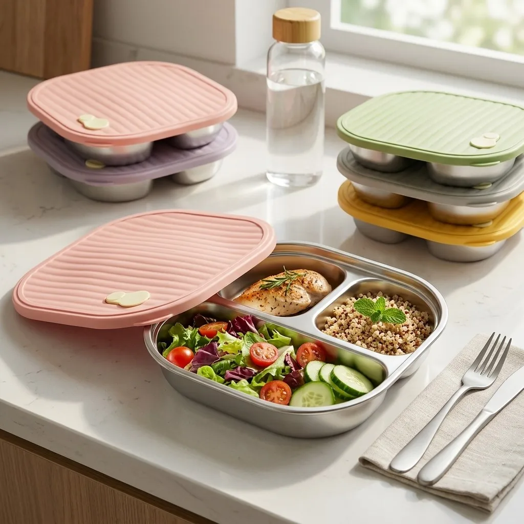 Microwave Safe 304 Stainless Steel Divided Plates for Adults Portion Control Plate Compartment Food Tray Tableware Dish with Lid