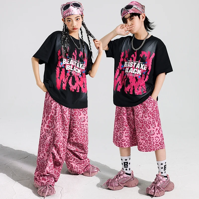 Costume de danse de rue pour enfants, ensemble Hip Hop, pantalon imprimé léopard rose, T-Shirt noir surdimensionné, tenue de Jazz pour enfants, Streetwear AMY1953