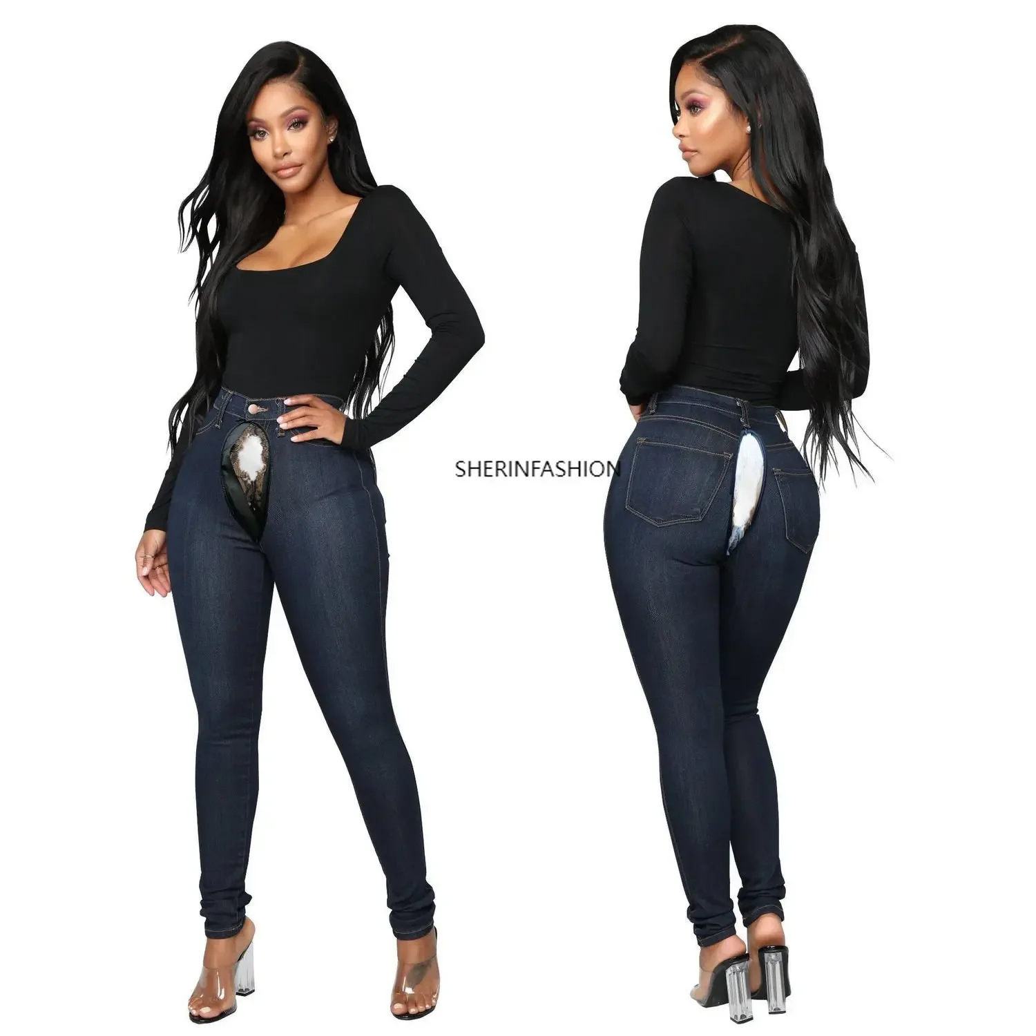 Open Crotch Sex Outdoors Casual Pants Women's Jeans High Waist Trousers Ladies Denim Boyfriend Women Clothing Vintage Streetwear