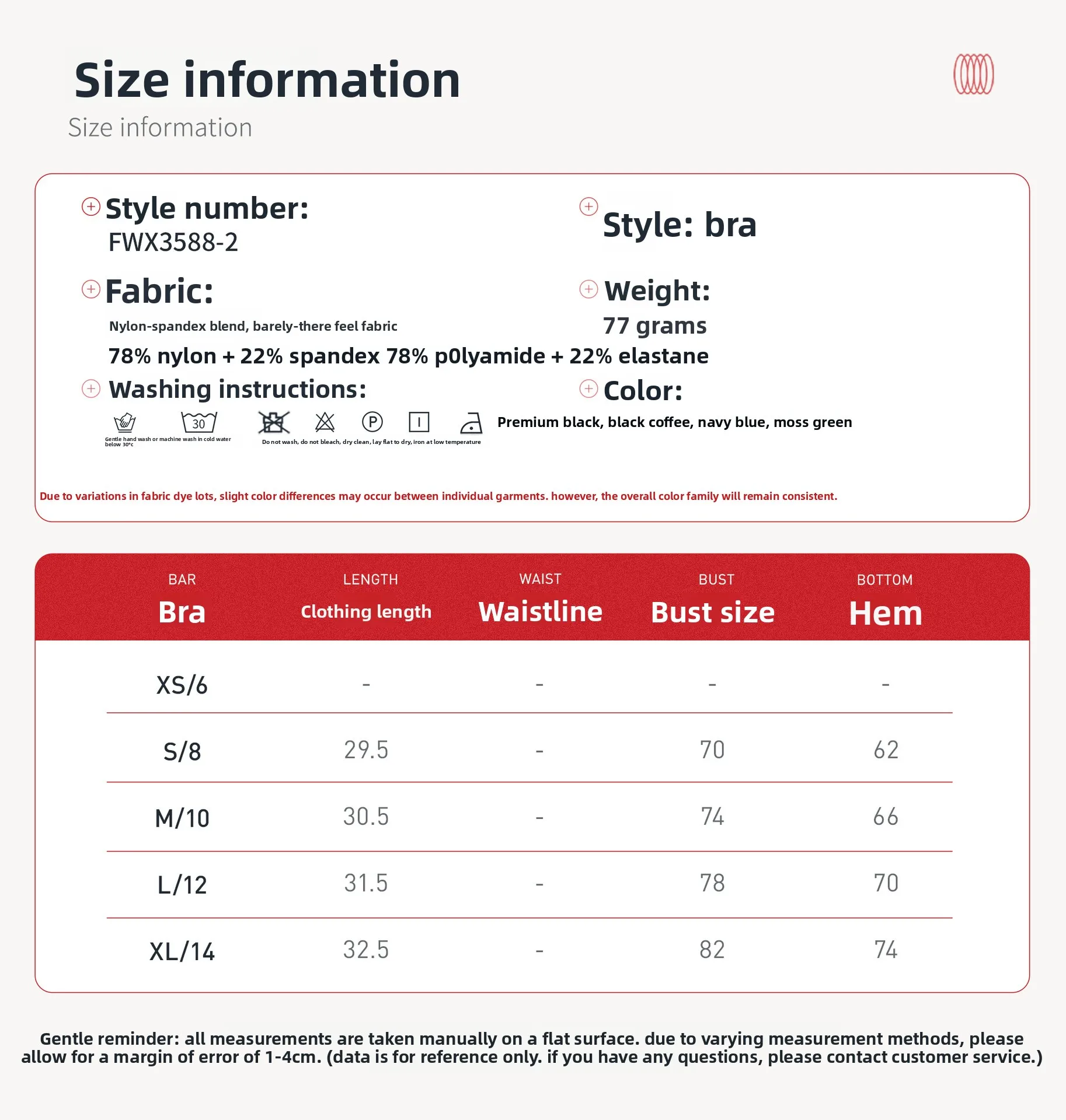Size chart and fit details