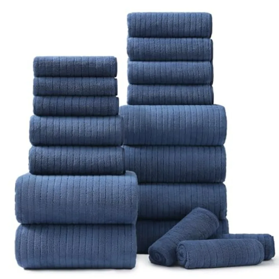 Bath towel set for family bathroom use, 100 cotton, navy blue, ultra-soft with hanging loops and highly absorbent quick-dry per