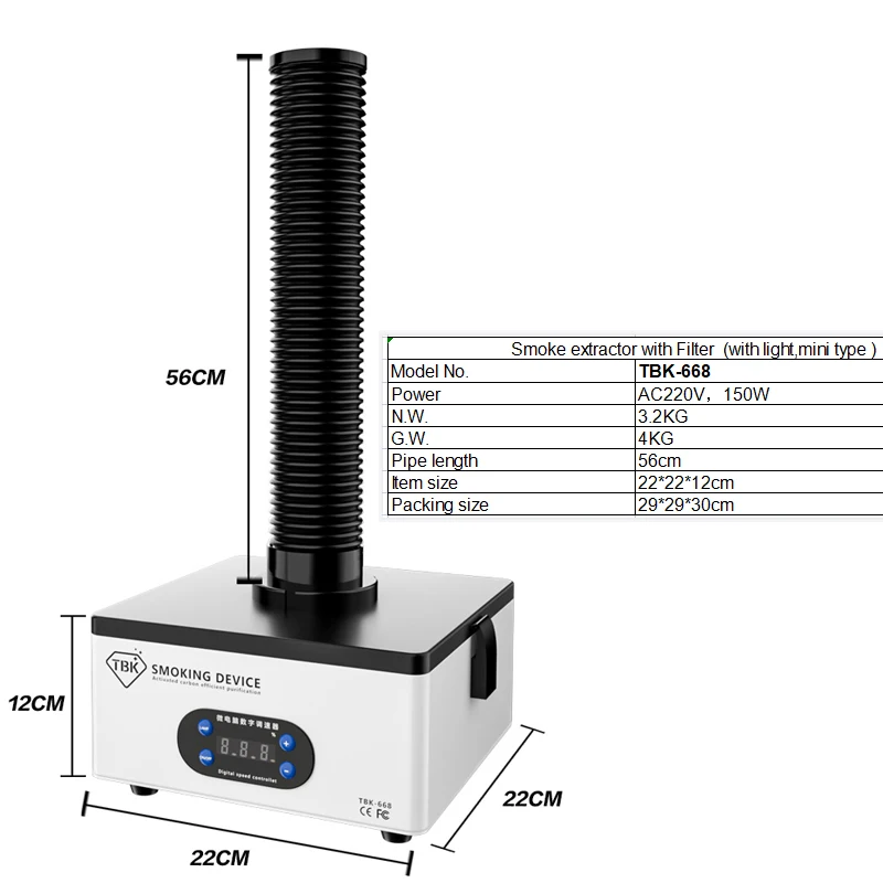 

TBK-668 150W Efficient Purification Smoking Instrument Soldering Smoke Cleaner Fume Extractor Air Cleaner Filter Dust Clean Room