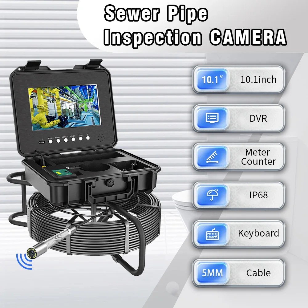 

Pipe Sewer Drain Inspection Camera 10.1" Dvr 1080p Screen 20m-90m 5mm Cable Endoscope Counter Video+audio Recording 5x Image