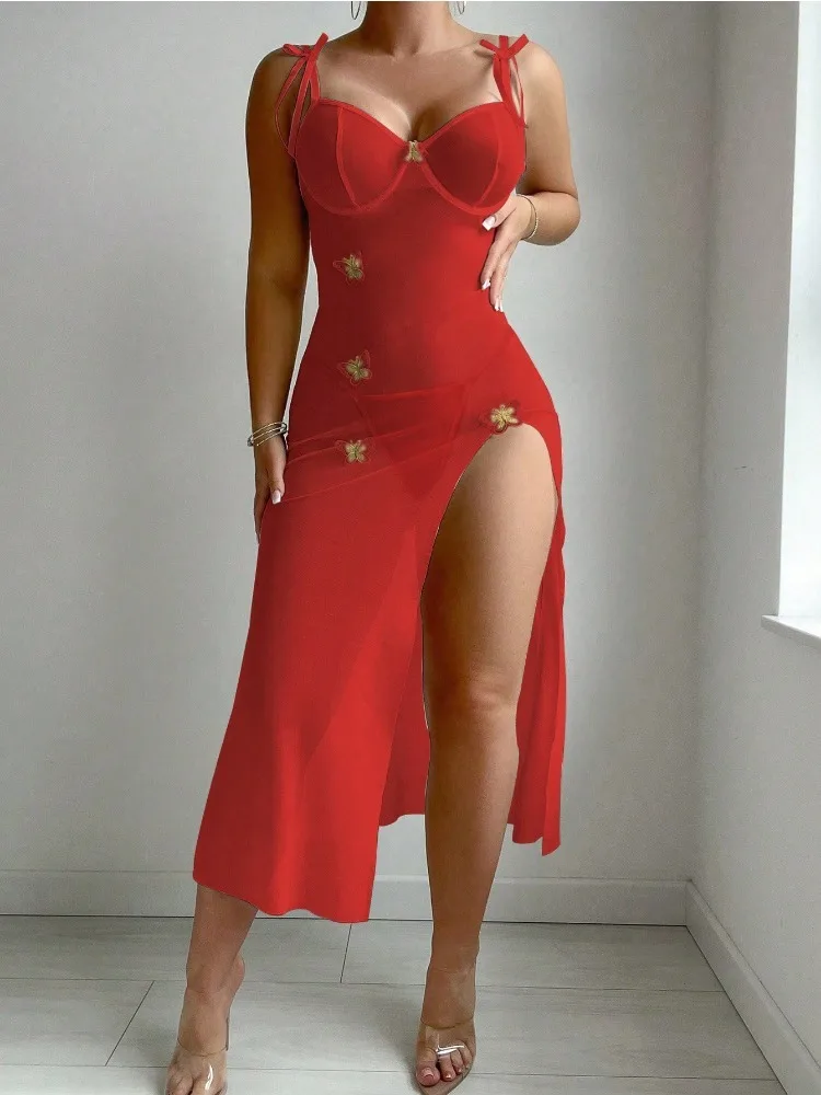 

Полое нижнее белье, сетчатое кружевное открытое анальное платье с открытой спиной, с высоким боковым разрезом, неглубокое романтическое сексуальное платье на подтяжках, комплект фетиш-стрингов