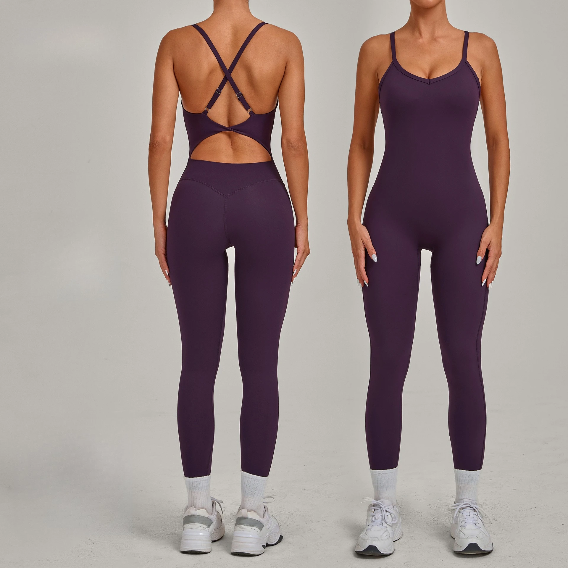 

New Nylon Pad V-Neck Wrap Yoga Bodysuit - Adjustable Hook Tummy Control Butt Lift Workout Jumpsuit