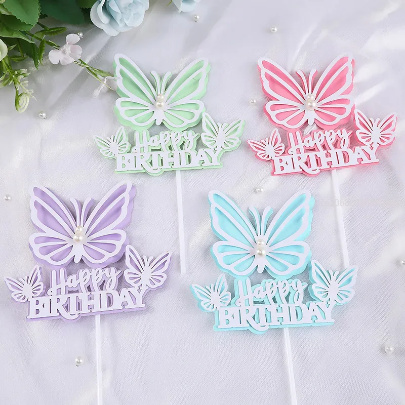 1PC Butterfly Pearl Cake Topper Flag Happy Birthday Wedding Bride Decoration Cupcake Toppers Baking Wedding Cake Baking Decor