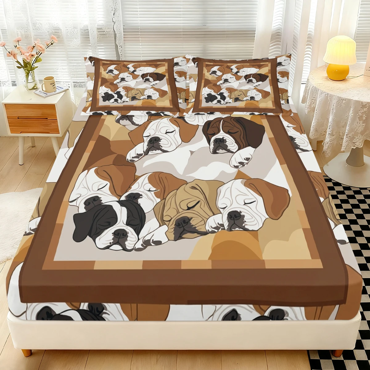 Classic Brown Square Border Dog Fitted Sheet 3PCS, Multi Color Sleeping Bulldog Puppy Cluster Mattress Cover with Pillowcases