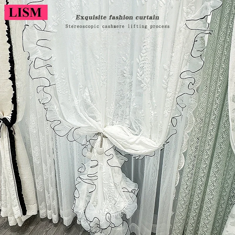 

New Lace Tulle Flocking Curtains for Bedroom Living Room Window Villa Custom Blackout Luxury Jacquard Gauze Fabric Decor Custom