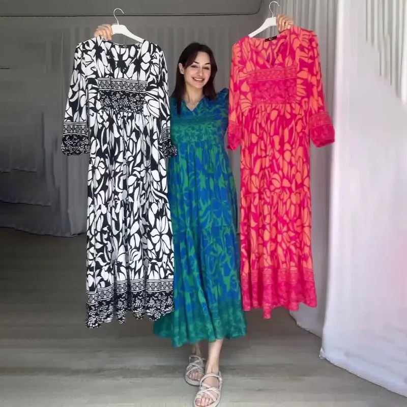 New V Neck Printed High Waisted Dress for Women Plus Size Retro Lantern Sleeve Gown Casual Loose Boho Vacation Long Dresses 2025