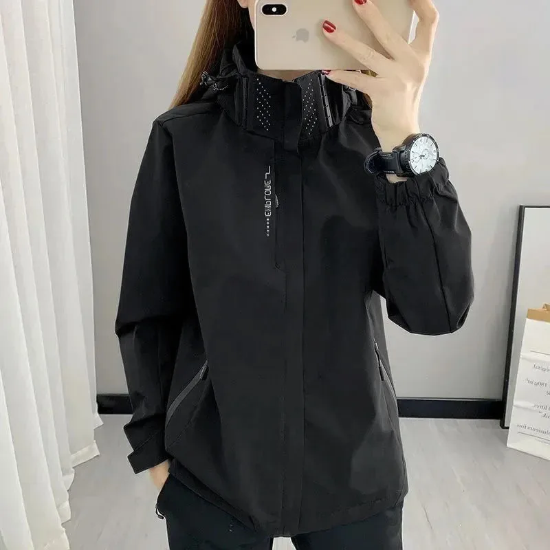 Autumn Spring Women Outdoor Jacket Windbreaker Waterproof Hooded Zipper Hiking Climbing Camping Casual Outwear Unisex Style