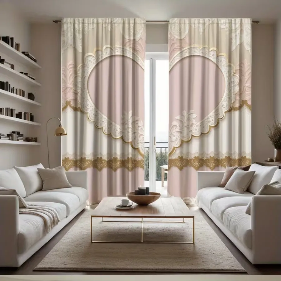 2 PCS Lace Pink Heart Curtains, Sweet Lace Style Window Drapes for Living Room Bedroom Home Decor Polyester Rod Pocket Design