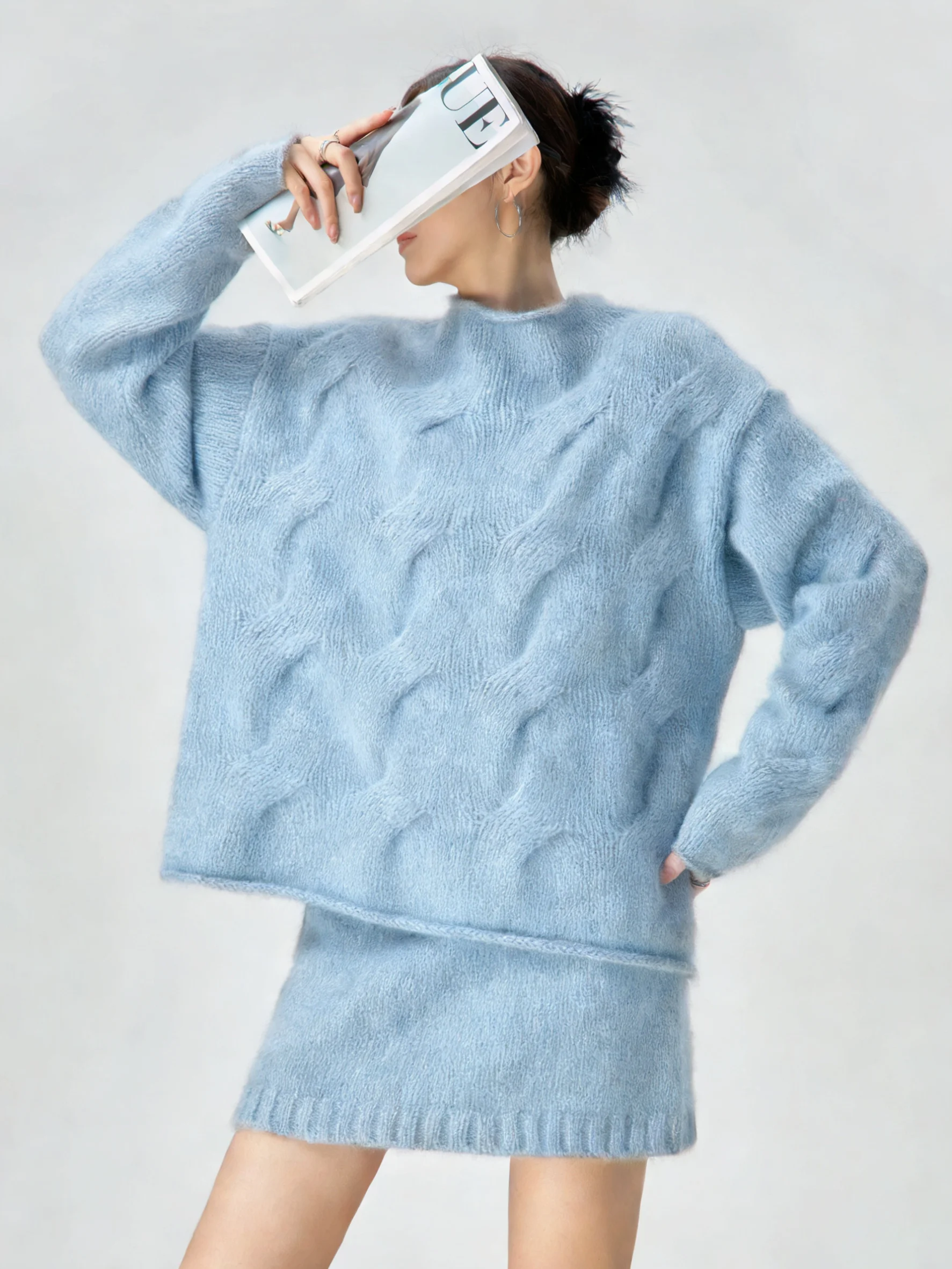 

Blue Knitted Sweater And f Skirt Set Women's Early Spring Ultra ular Ootd Korean Sle One Whole Set High Waist Skirt