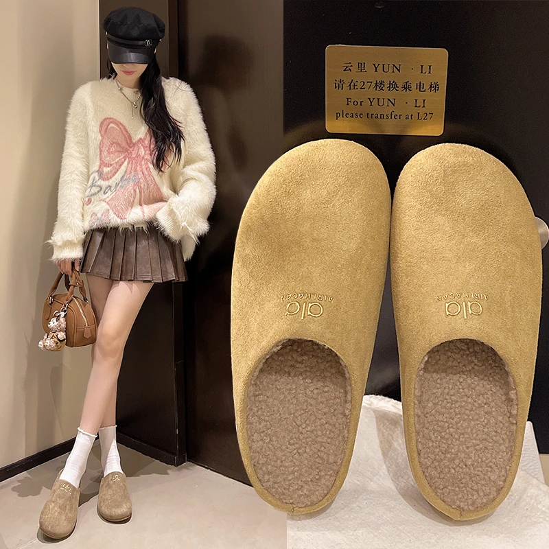 

Новые женские замшевые сабо в стиле ретро с подкладкой, уютные домашние тапочки без шнуровки, женские шлепанцы на плоской подошве, замшевые тапочки, повседневные уютные