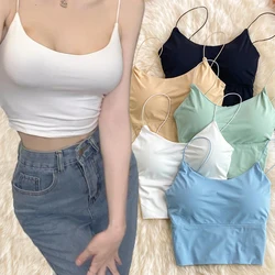 Sexy Summer Bra Ice Silk Crop Tops Sports Spaghetti Strap Vest Top Women Built In Bra Off Shoulder Sleeveless Camisole Underwear