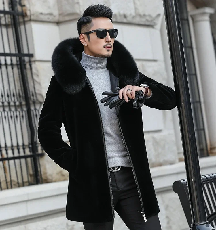 Big Fur Collar Shearling Coat Mens Long Type Genuine Leather Clothes Winter Lamb