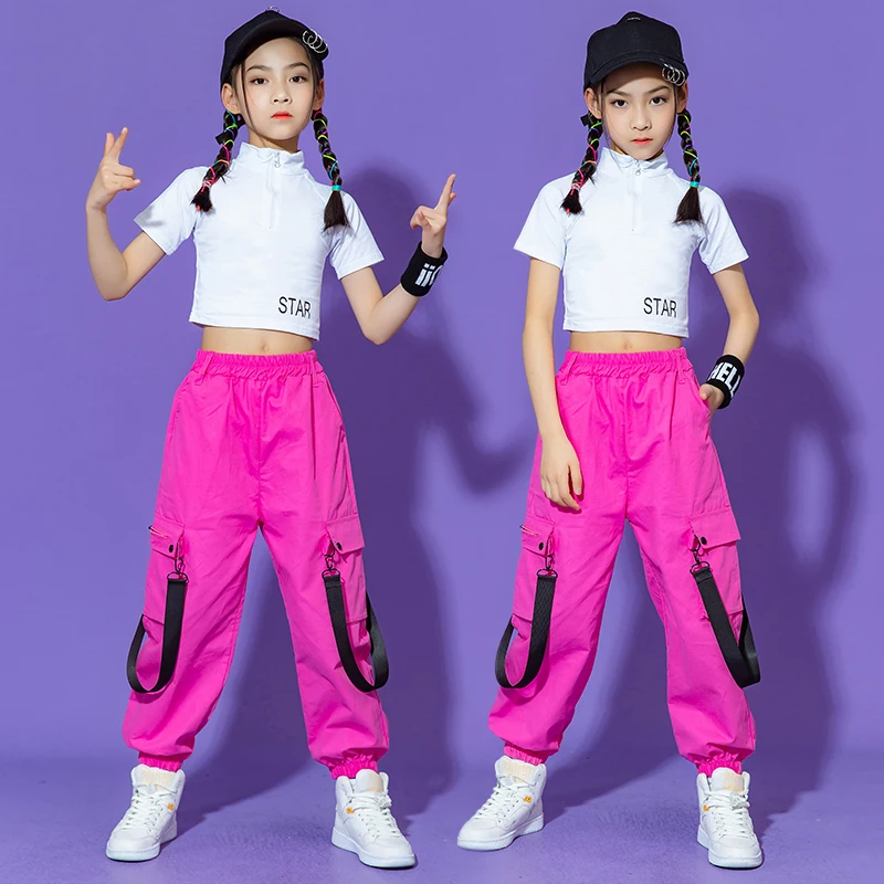 T Shirt Crop Top Streetwear Pink Cargo Jogger Pants For Girl Jazz Dance Costume Clothes Kids Kpop Hip Hop Dancing Clothing