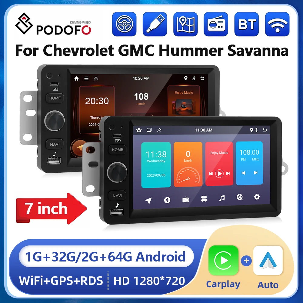 

Автомагнитола Podofo 7 дюймов для Chevrolet GMC Hummer Savanna 2003-2006 Carplay Android автомобильная навигация Bluetooth Wi-Fi плеер