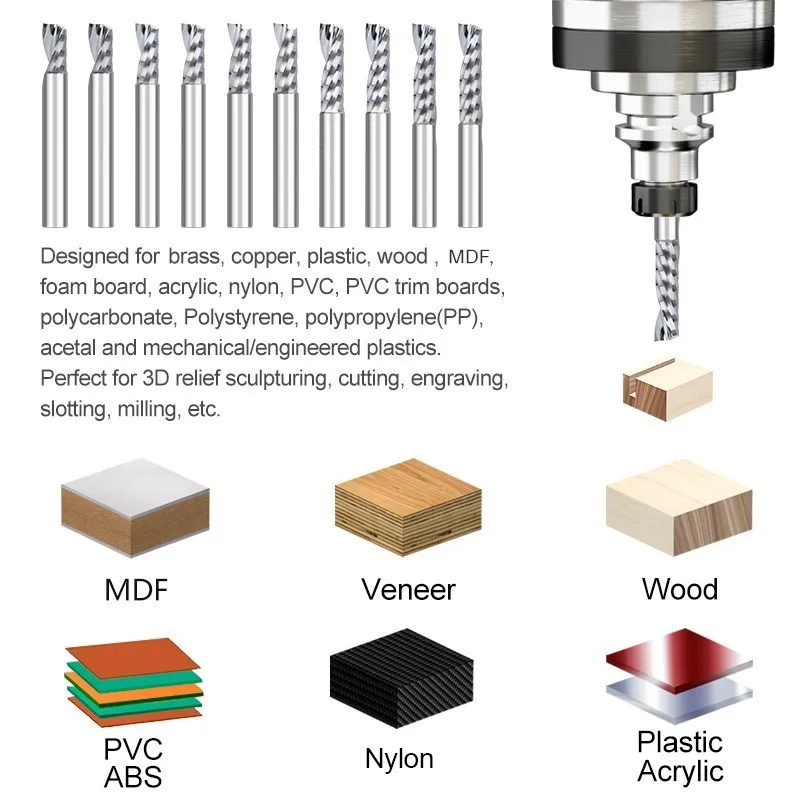 CMCP  Single Flute End Mill 1/4 inch Shank CNC Spiral Router Bit Up Cut Carbide Endmill CNC Milling Cutter for Woodworking 