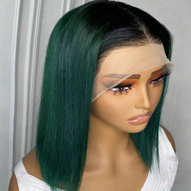 Ombre Green Straight 13X4 Synthetic Hair Lace Front Wigs For Black Women Pre Plucked With Baby Hair Lace Frontal Wigs  Black Wig