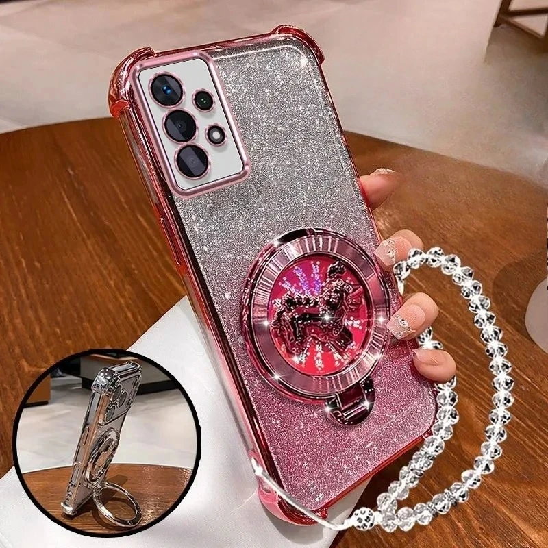Glitter Shockproof Plating Pony Bracket Bracelet Case For Samsung Galaxy A13 A23 A33 A53 A73 A12 A22 A32 A52 A52S 4G 5G Cover