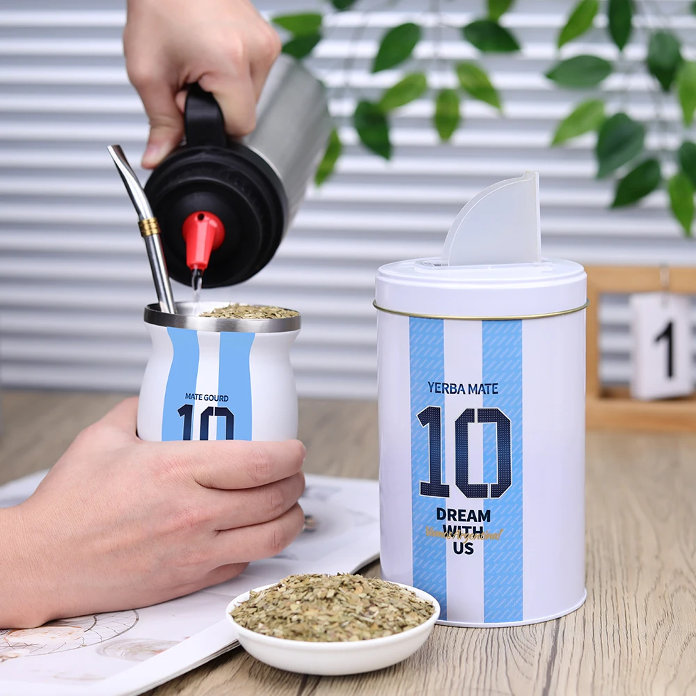 Yerba Mate Tea Cup Set, Included Argentina Football Captain No.10 Style Yerbero, Stainless Steel Mate Gourd and Bombilla Straw