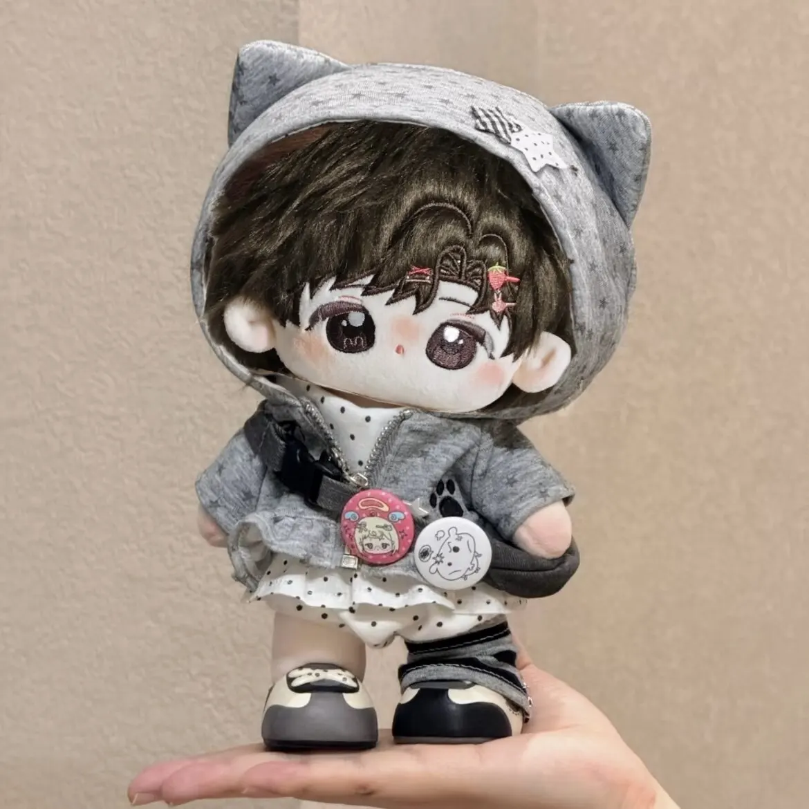 20cm Cotton Doll Clothes Y2K Gray Cat Star Hooded Outfit Polka Dot Inner Changing Accessory With Shoes For Hobby Collectors